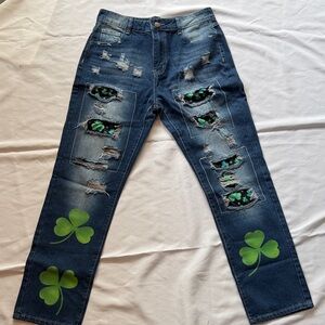 Distressed Dark Blue Jeans with Green Shamrock Patches